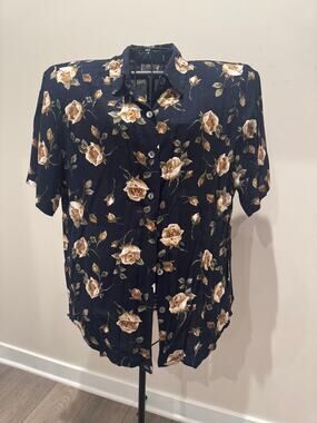 Justin B Jones Navy Floral Button Up Blouse Large